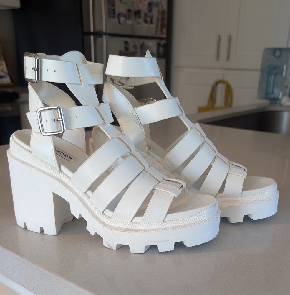 Steve Madden White Chunky Heel Sandals